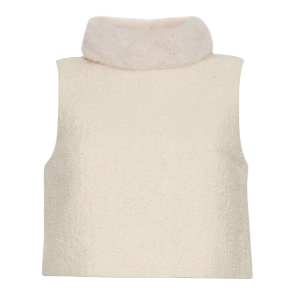 Cara Cara Cream Faux Fur Trim Sleeveless Turtleneck Top